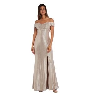 R&M Richards Champagne Metallic Off Shoulder Formal Gown Dress Size 8 NWT